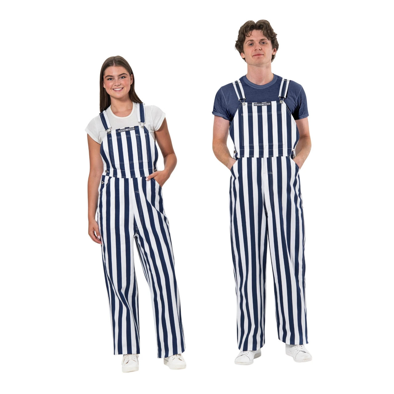 Woman and man wearing Game Bibs overalls